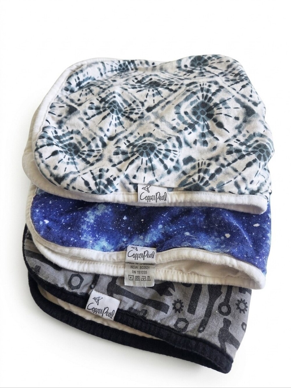 Copper Pearl Baby Boy Burp Cloths 3 Pack - Galaxy, Tie Dye, Tools - 18x9.5